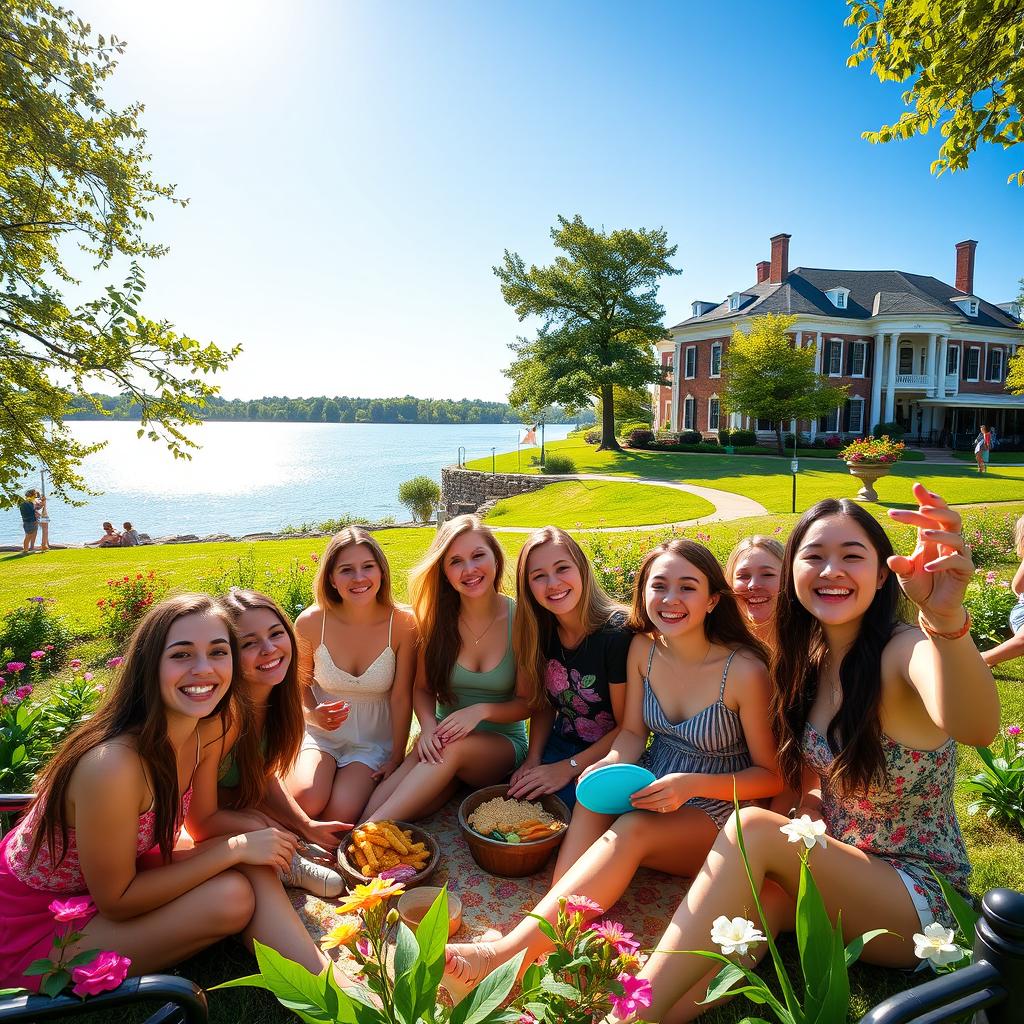 A group of young women enjoying a sunny day at a picturesque Virginia park, surrounded by lush greenery and blooming flowers