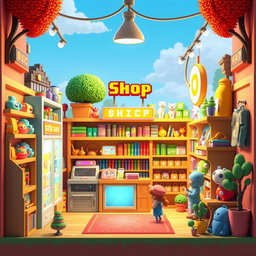 A vibrant 3D shop rendered in pixel art style, featuring shelves filled with colorful merchandise like toys, books, and quirky gadgets