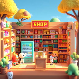 A vibrant 3D shop rendered in pixel art style, featuring shelves filled with colorful merchandise like toys, books, and quirky gadgets