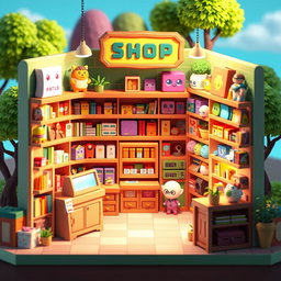 A vibrant 3D shop rendered in pixel art style, featuring shelves filled with colorful merchandise like toys, books, and quirky gadgets