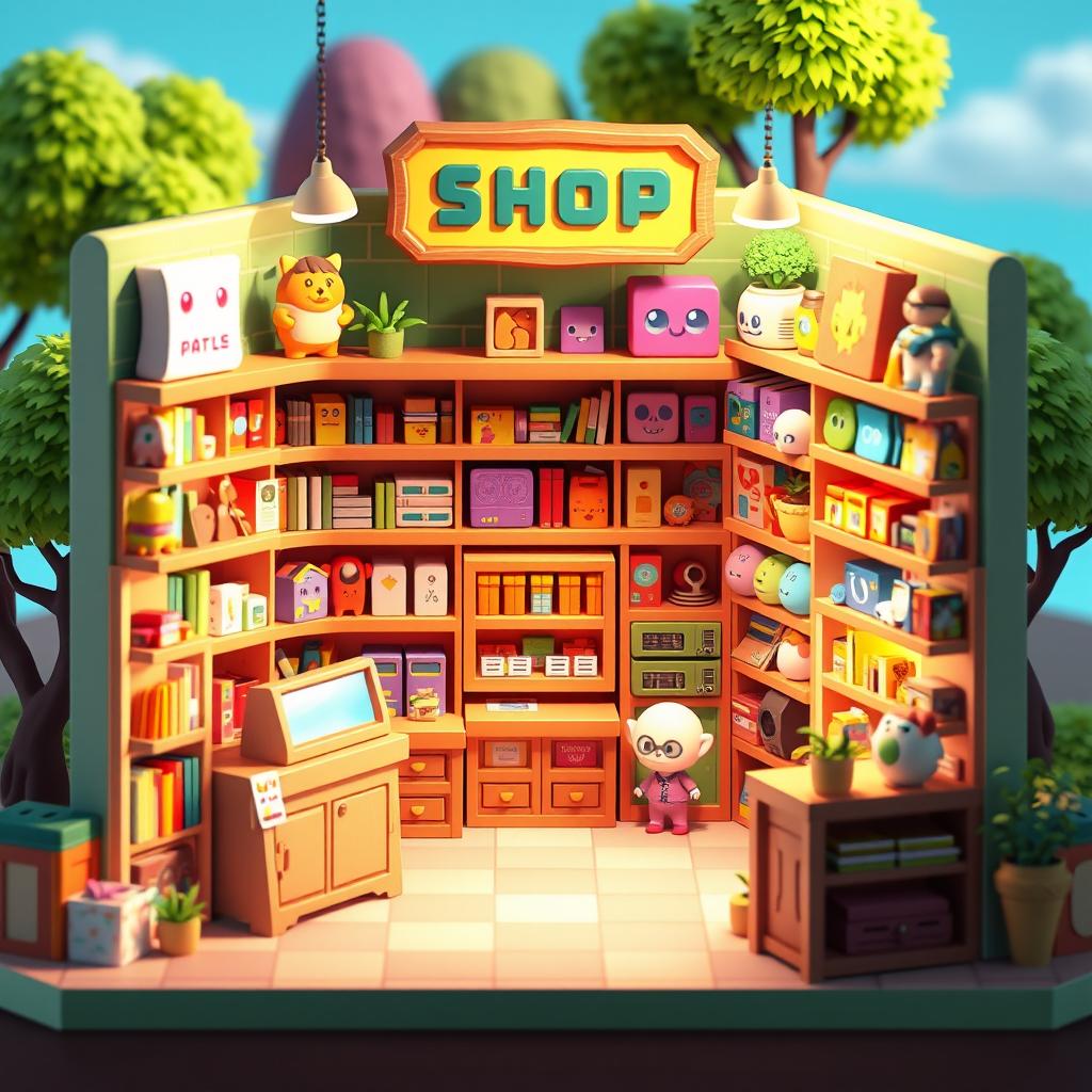 A vibrant 3D shop rendered in pixel art style, featuring shelves filled with colorful merchandise like toys, books, and quirky gadgets