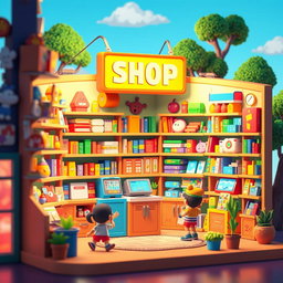 A vibrant 3D shop rendered in pixel art style, featuring shelves filled with colorful merchandise like toys, books, and quirky gadgets