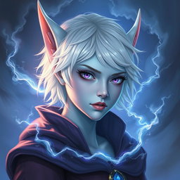An exquisite DnD character art portrayal of Maeve, a striking figure with mesmerizing light blue skin and elegant elven ears