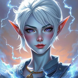 An exquisite DnD character art portrayal of Maeve, a striking figure with mesmerizing light blue skin and elegant elven ears