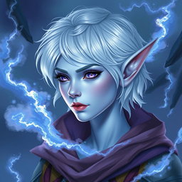 An exquisite DnD character art portrayal of Maeve, a striking figure with mesmerizing light blue skin and elegant elven ears