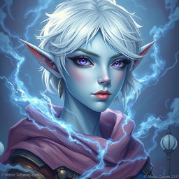 An exquisite DnD character art portrayal of Maeve, a striking figure with mesmerizing light blue skin and elegant elven ears