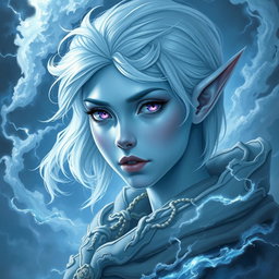 A captivating DnD character art representation of Maeve, a striking figure with luminous light blue skin and refined elven ears