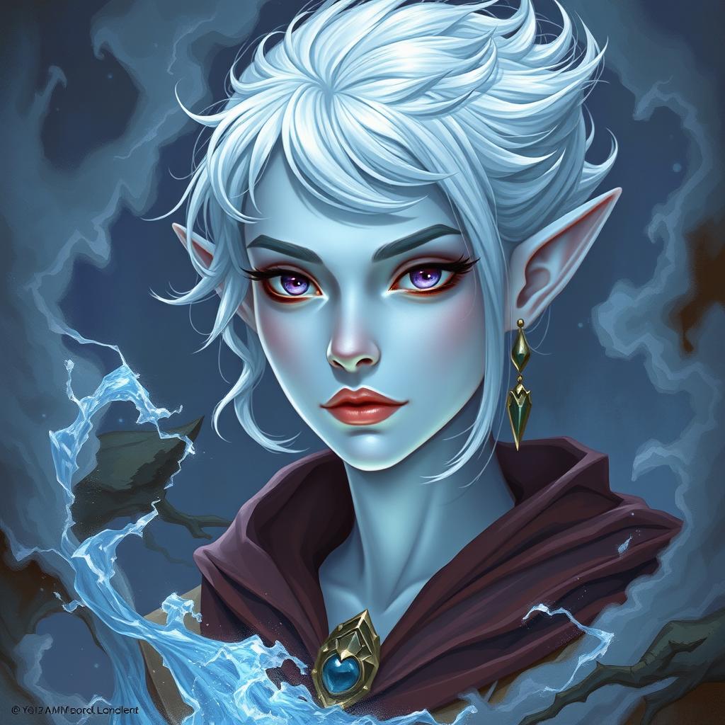 A captivating DnD character art representation of Maeve, a striking figure with luminous light blue skin and refined elven ears