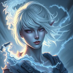 A captivating DnD character art representation of Maeve, a striking figure with luminous light blue skin and refined elven ears