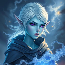 A captivating DnD character art representation of Maeve, a striking figure with luminous light blue skin and refined elven ears