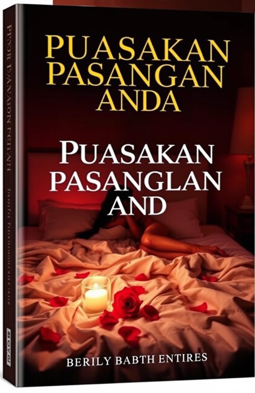 A visually captivating book cover for a guide titled 'Puasakan Pasangan Anda', featuring an alluring bed scene with soft lighting and elegant sheets