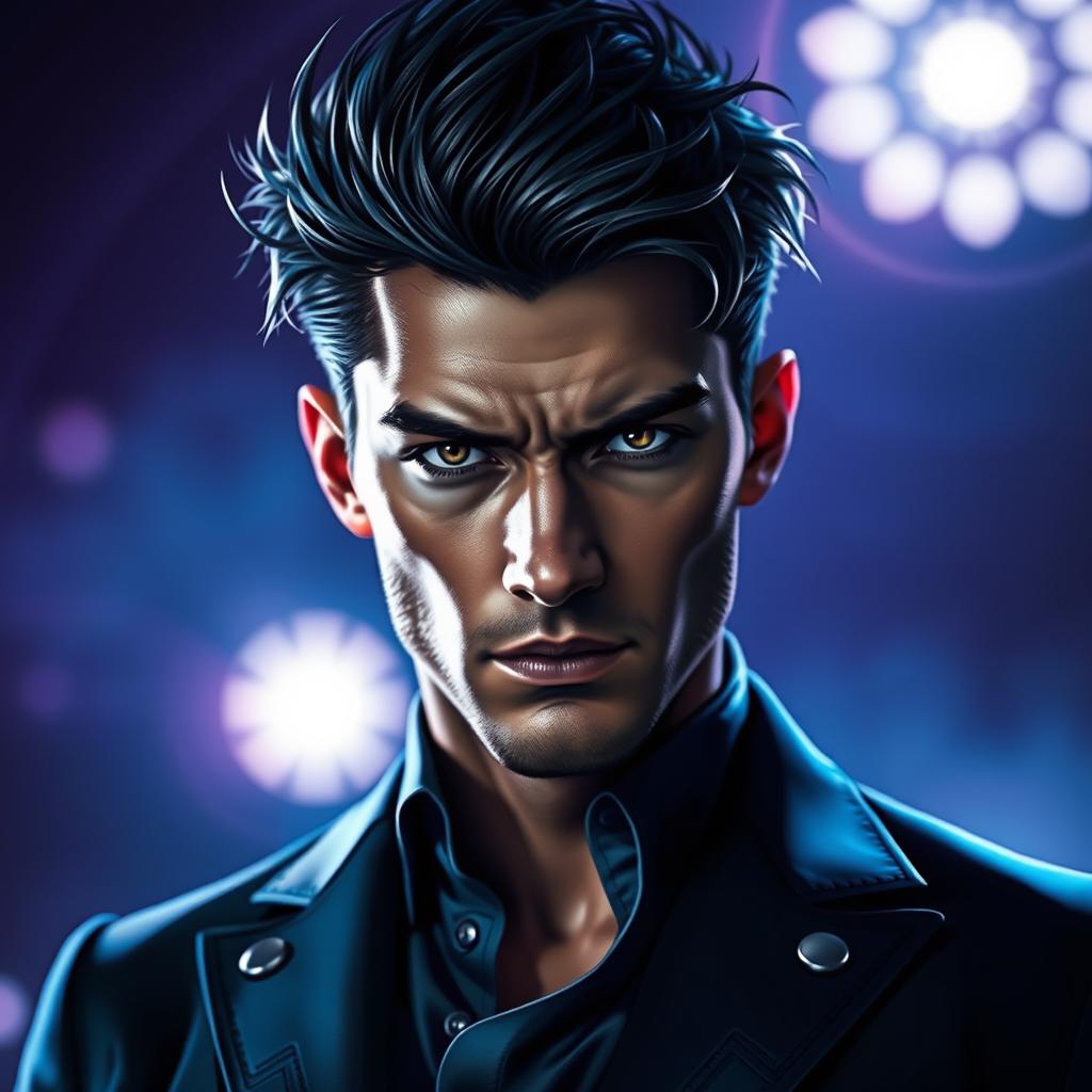 A dramatic portrait of a male figure exuding power and confidence, with striking angular features and intense gaze