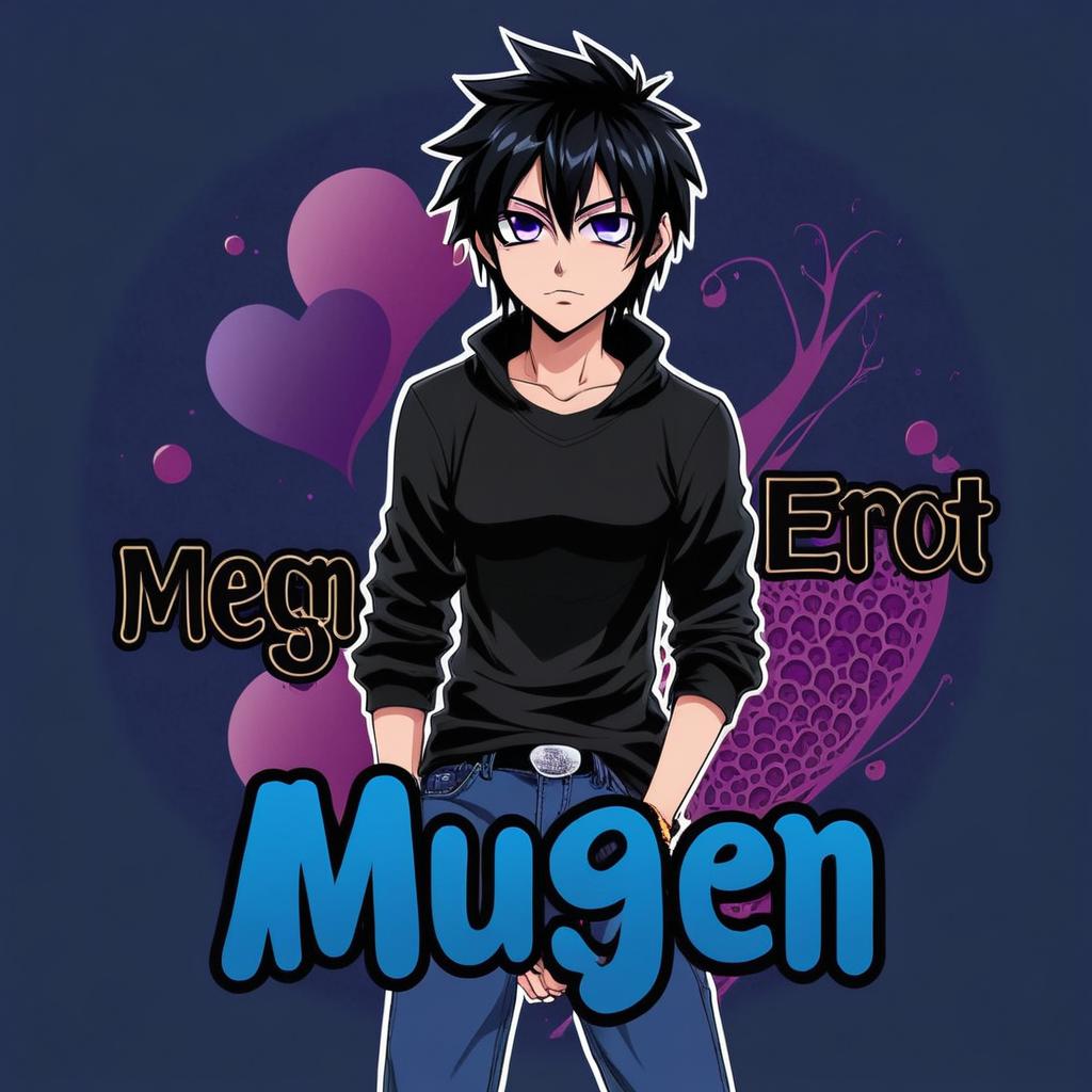 2D Band cover for early 2000's emo band called Mugen Female teen with black hair and amythest eyes dressed in black long-sleeved shirt and blue jeans with hands in pockets. With detailed dark purple background