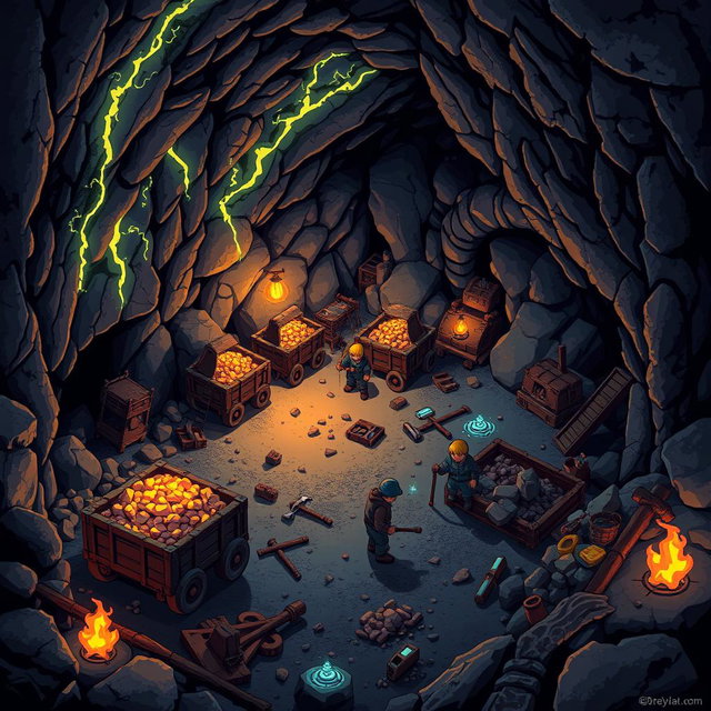 A detailed 16x16 pixel art depiction of an underground mining scene, showcasing a variety of miners engaged in different activities