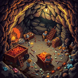 A detailed 16x16 pixel art depiction of an underground mining scene, showcasing a variety of miners engaged in different activities