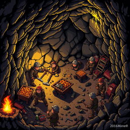A detailed 16x16 pixel art depiction of an underground mining scene, showcasing a variety of miners engaged in different activities