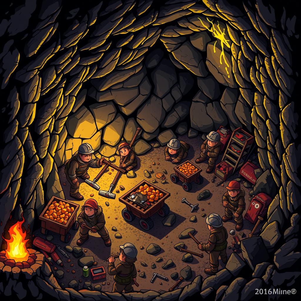 A detailed 16x16 pixel art depiction of an underground mining scene, showcasing a variety of miners engaged in different activities