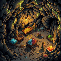 A detailed 16x16 pixel art depiction of an underground mining scene, showcasing a variety of miners engaged in different activities