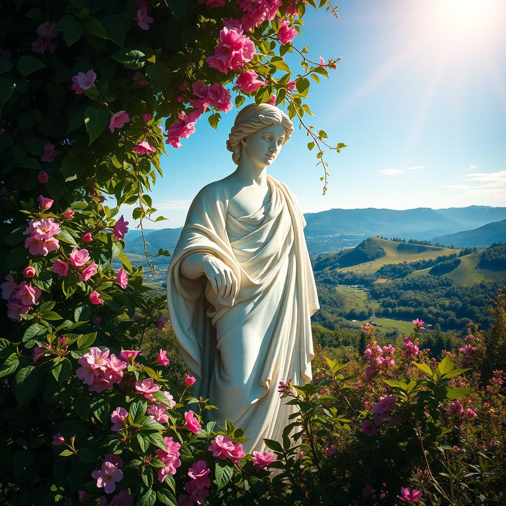 A stunning visual composition that artfully blends a majestic statue into a lush, vibrant background
