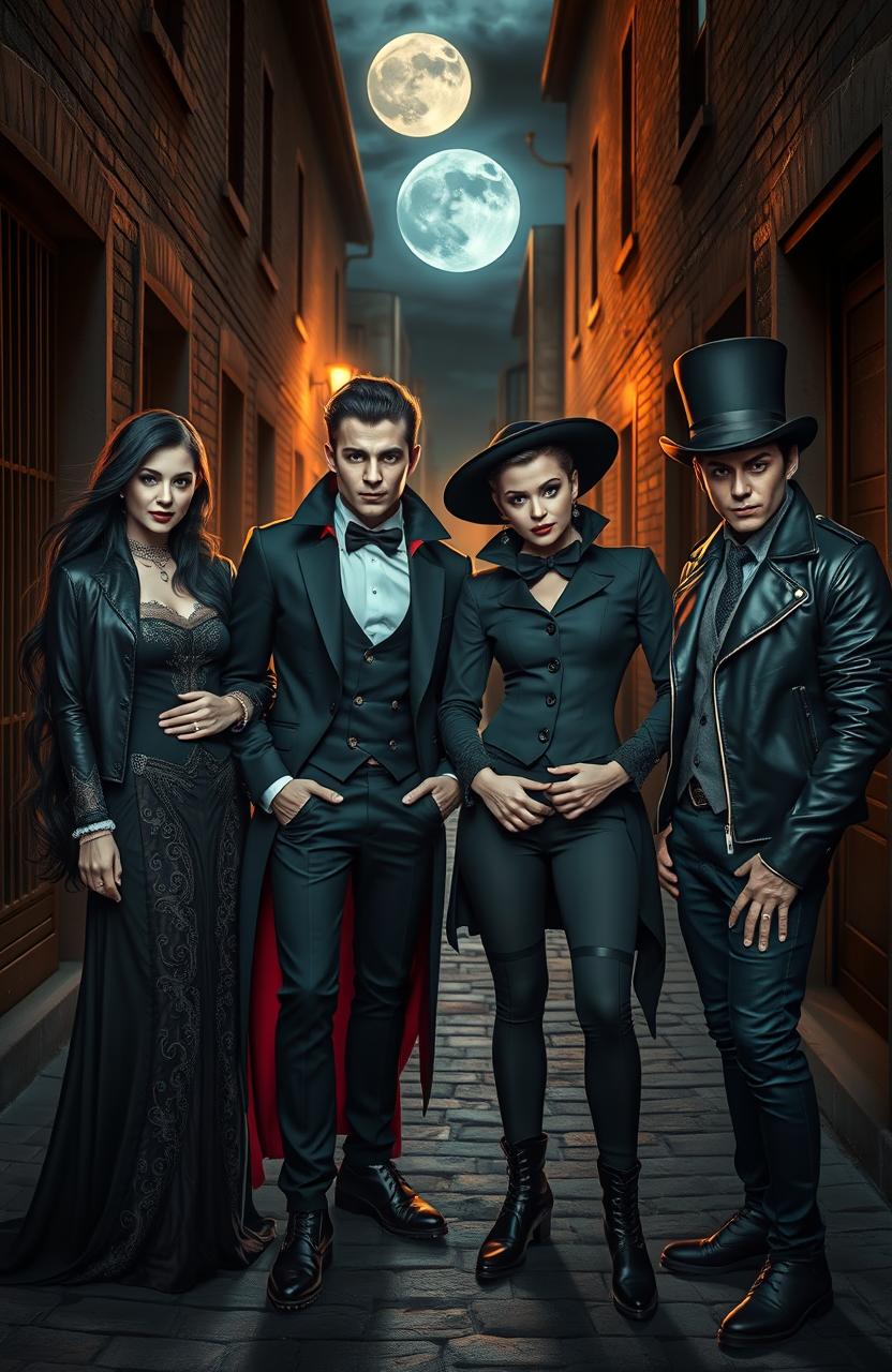 A captivating portrait of four stylish vampires standing together in a dark, mysterious alley