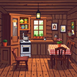 A pixel art representation of a cozy wooden kitchen, featuring a rustic wooden cabinet filled with colorful kitchenware, a vintage stove, and a wooden dining table set with checkered tablecloth