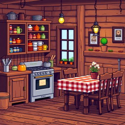 A pixel art representation of a cozy wooden kitchen, featuring a rustic wooden cabinet filled with colorful kitchenware, a vintage stove, and a wooden dining table set with checkered tablecloth