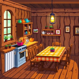 A pixel art representation of a cozy wooden kitchen, featuring a rustic wooden cabinet filled with colorful kitchenware, a vintage stove, and a wooden dining table set with checkered tablecloth