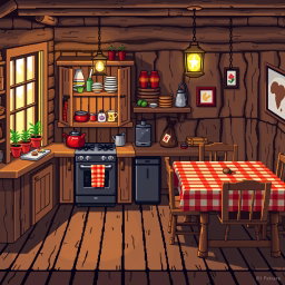 A pixel art representation of a cozy wooden kitchen, featuring a rustic wooden cabinet filled with colorful kitchenware, a vintage stove, and a wooden dining table set with checkered tablecloth