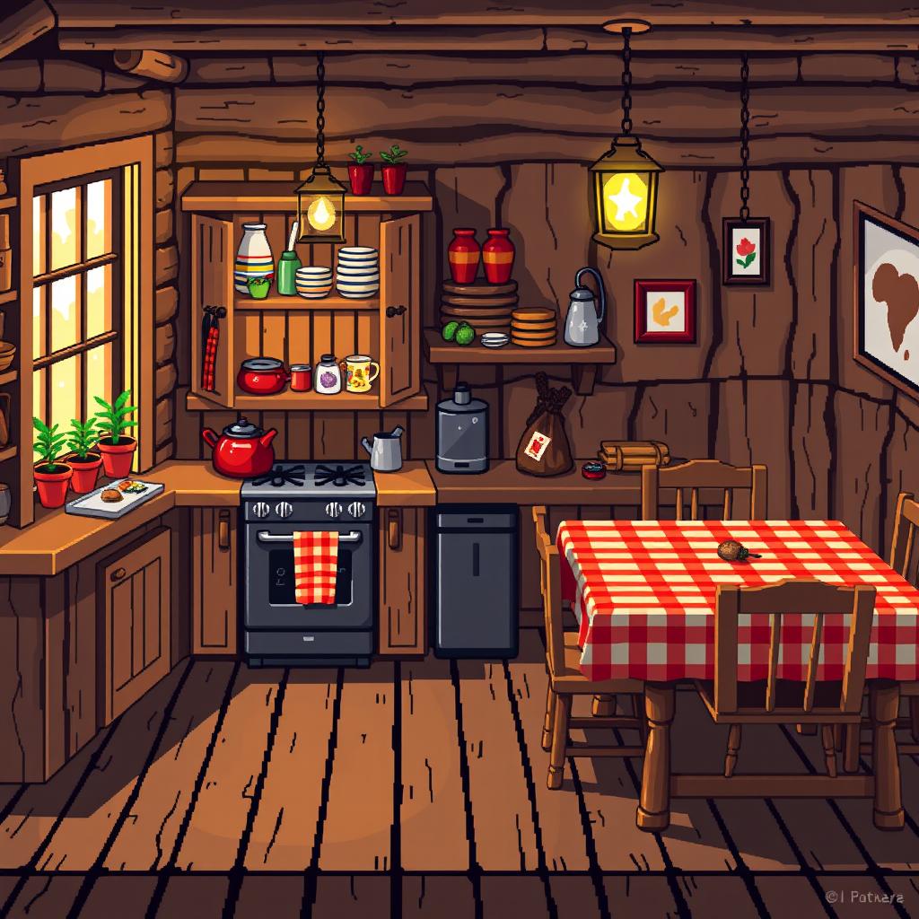 A pixel art representation of a cozy wooden kitchen, featuring a rustic wooden cabinet filled with colorful kitchenware, a vintage stove, and a wooden dining table set with checkered tablecloth