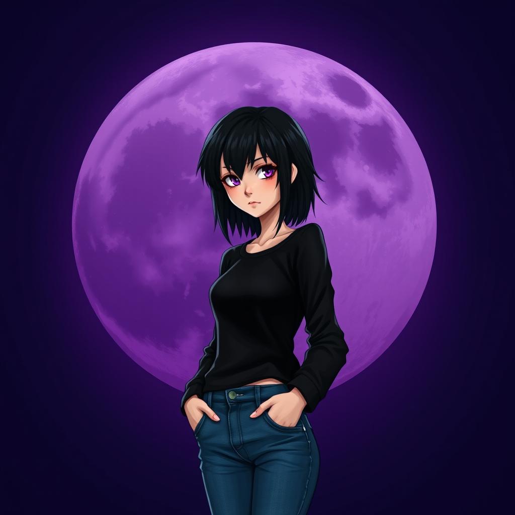 A 2D band cover for an early 2000's emo band named Nightfall Nymera, featuring a female teen character with striking black hair and amethyst eyes