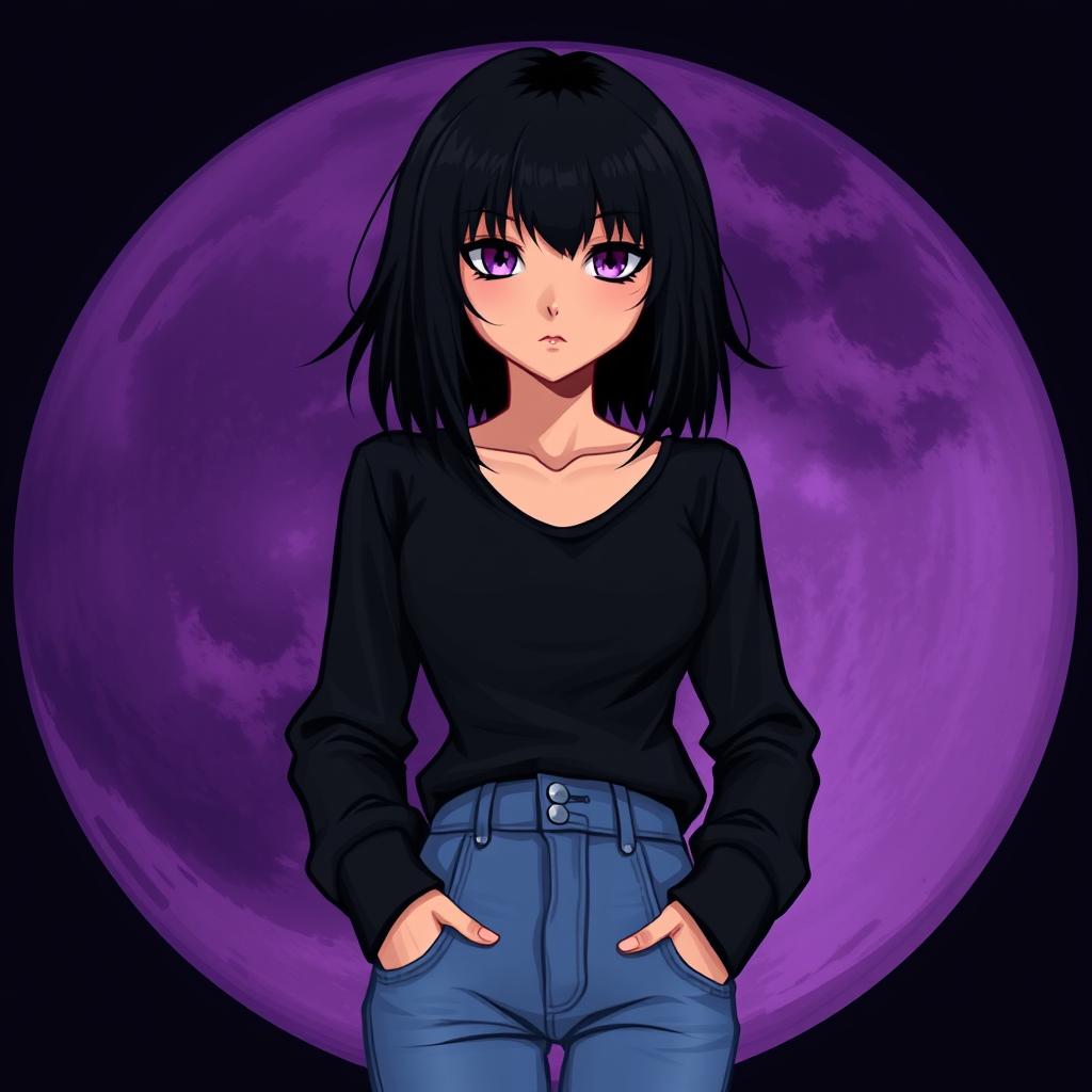 A 2D band cover for an early 2000's emo band called 'Nightfall Nymera', featuring a female teenager with striking black hair and amethyst-colored eyes