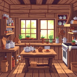 A pixel art illustration of a cozy wooden kitchen, featuring a rustic wooden table with various cooking utensils, a stove, cabinets filled with jars and ingredients, and a window showing a sunny garden outside