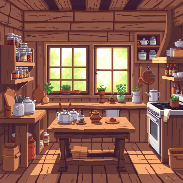 A pixel art illustration of a cozy wooden kitchen, featuring a rustic wooden table with various cooking utensils, a stove, cabinets filled with jars and ingredients, and a window showing a sunny garden outside