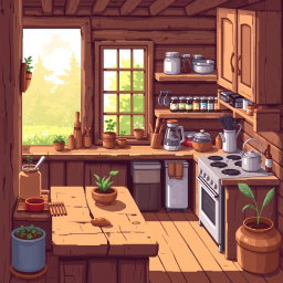 A pixel art illustration of a cozy wooden kitchen, featuring a rustic wooden table with various cooking utensils, a stove, cabinets filled with jars and ingredients, and a window showing a sunny garden outside