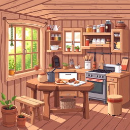 A pixel art illustration of a cozy wooden kitchen, featuring a rustic wooden table with various cooking utensils, a stove, cabinets filled with jars and ingredients, and a window showing a sunny garden outside