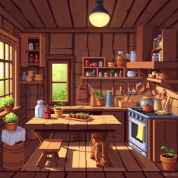 A pixel art illustration of a cozy wooden kitchen, featuring a rustic wooden table with various cooking utensils, a stove, cabinets filled with jars and ingredients, and a window showing a sunny garden outside