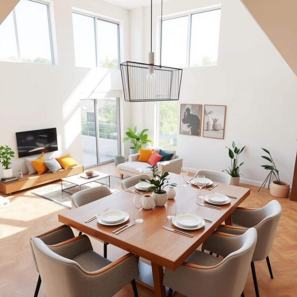 A modern living room and dining area designed based on the provided layout