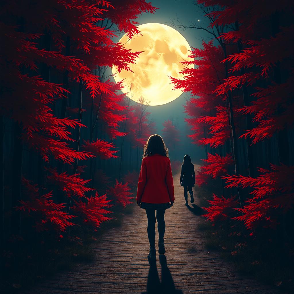 Two girls in a forest, one wearing a bright red jacket walking towards a large, luminous full moon at the end of a winding path