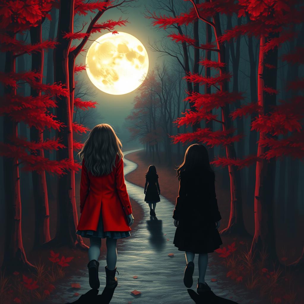 Two girls in a forest, one wearing a striking red jacket walking towards a luminous full moon at the end of a winding path