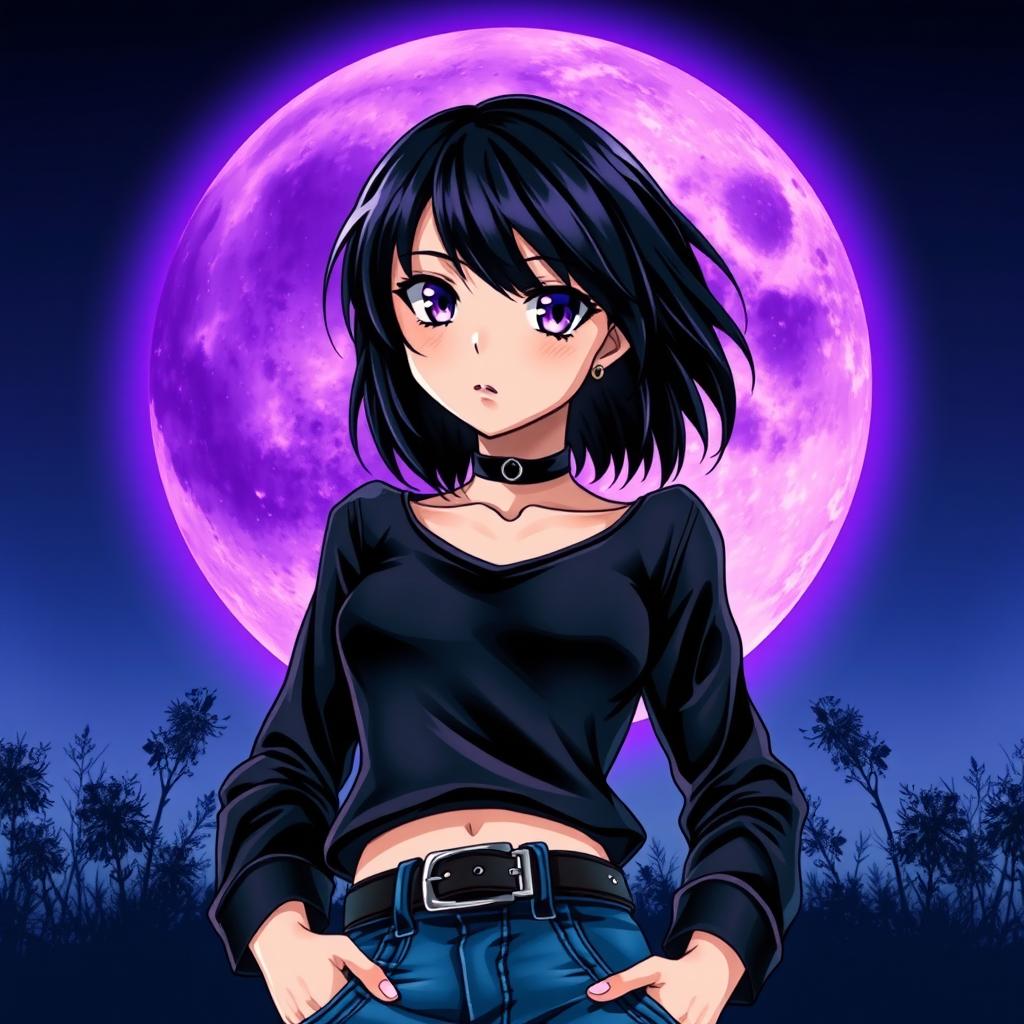 A detailed anime-style band cover featuring a female teenager with black hair and striking amethyst eyes
