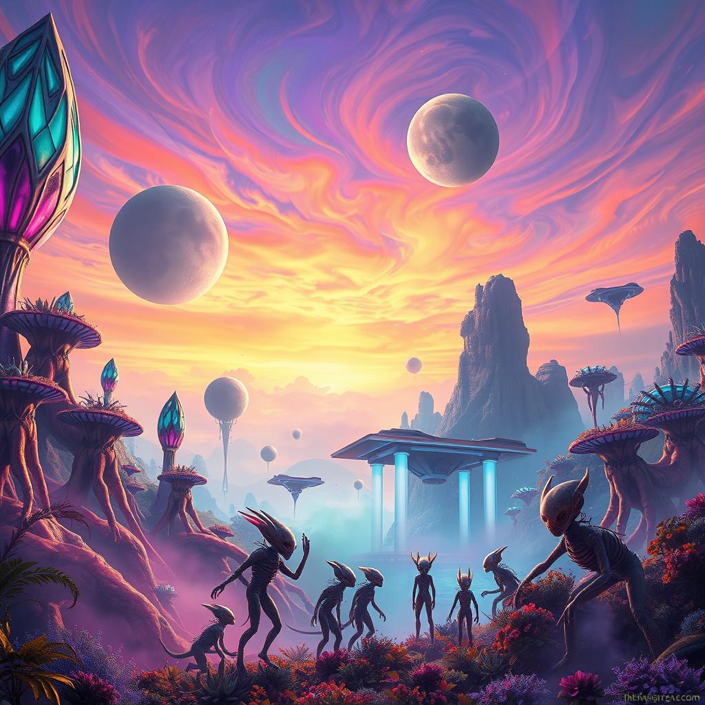 A futuristic alien landscape filled with vibrant colors and bizarre flora