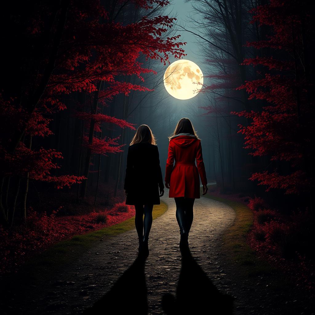 Two women in a forest, one dressed in a vivid red jacket walking towards a bright full moon at the end of a winding path