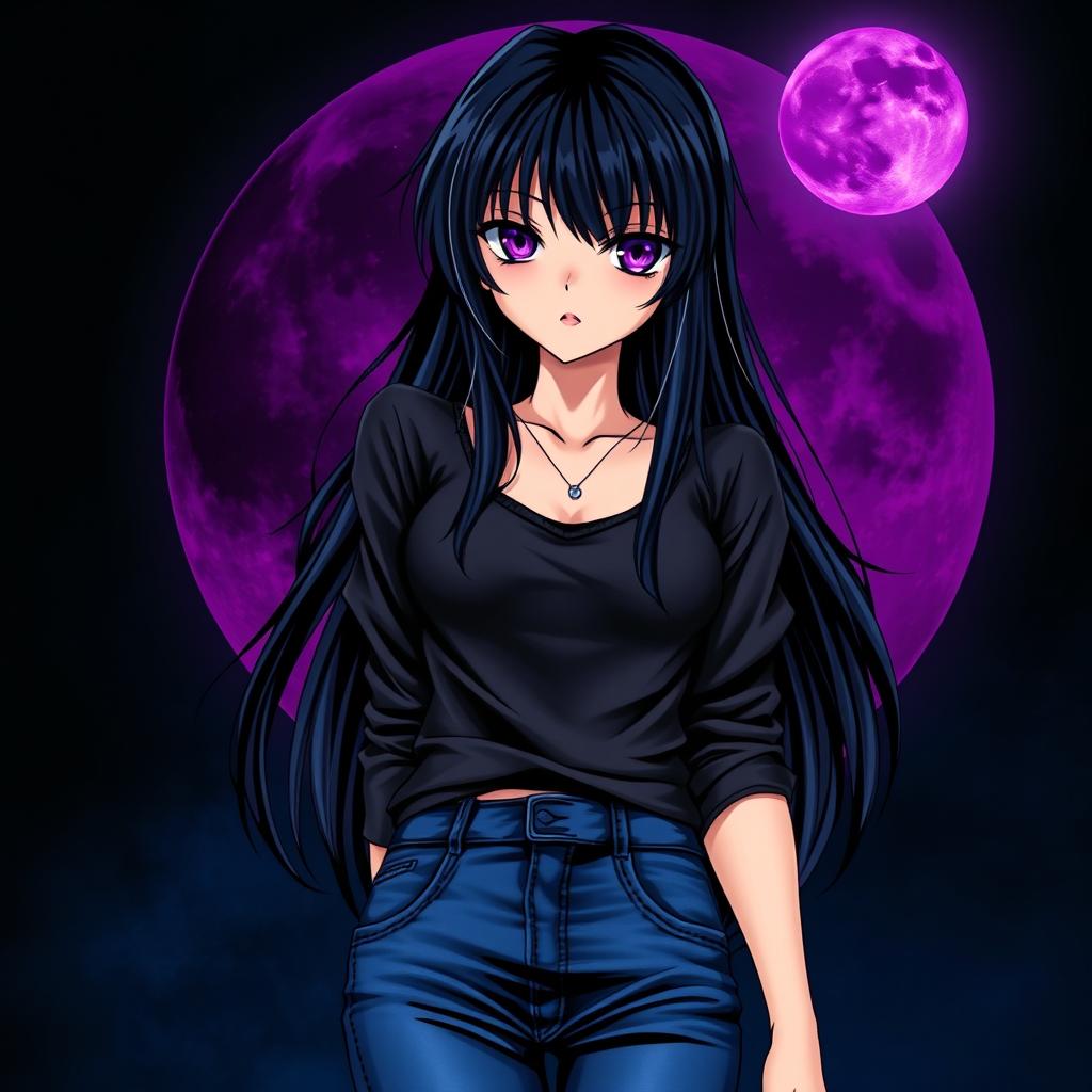 A detailed anime-style band cover featuring an adult female character with long black hair and captivating amethyst eyes