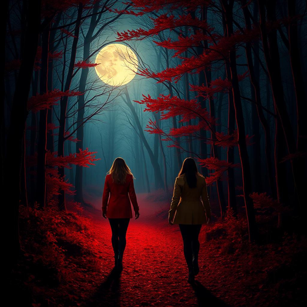 Two women in a forest, one wearing a striking red jacket walking towards a glowing full moon at the end of a winding path