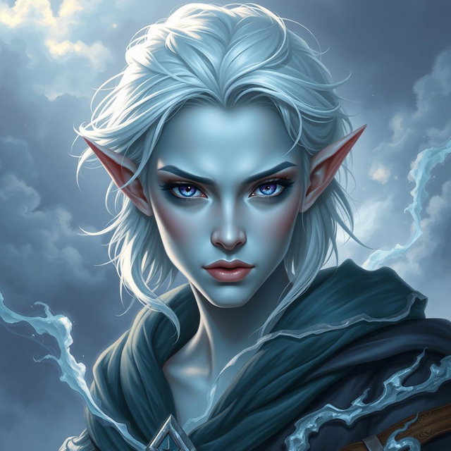 A stunning DnD character art depiction of Maeve, portrayed as a striking figure with luminous light blue skin and delicately pointed elven ears