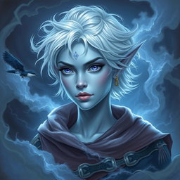 A stunning DnD character art depiction of Maeve, portrayed as a striking figure with luminous light blue skin and delicately pointed elven ears
