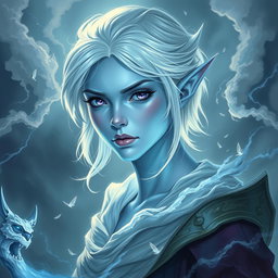 A stunning DnD character art depiction of Maeve, portrayed as a striking figure with luminous light blue skin and delicately pointed elven ears