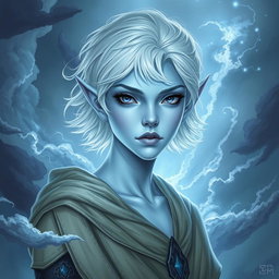 A stunning DnD character art depiction of Maeve, portrayed as a striking figure with luminous light blue skin and delicately pointed elven ears