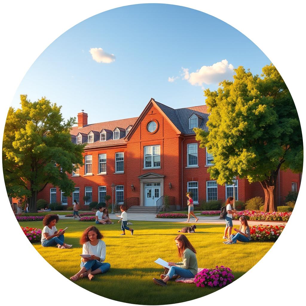 A round-shaped image depicting an aesthetic school scene, featuring a charming old building with red brick walls, surrounded by lush green trees and vibrant flower beds