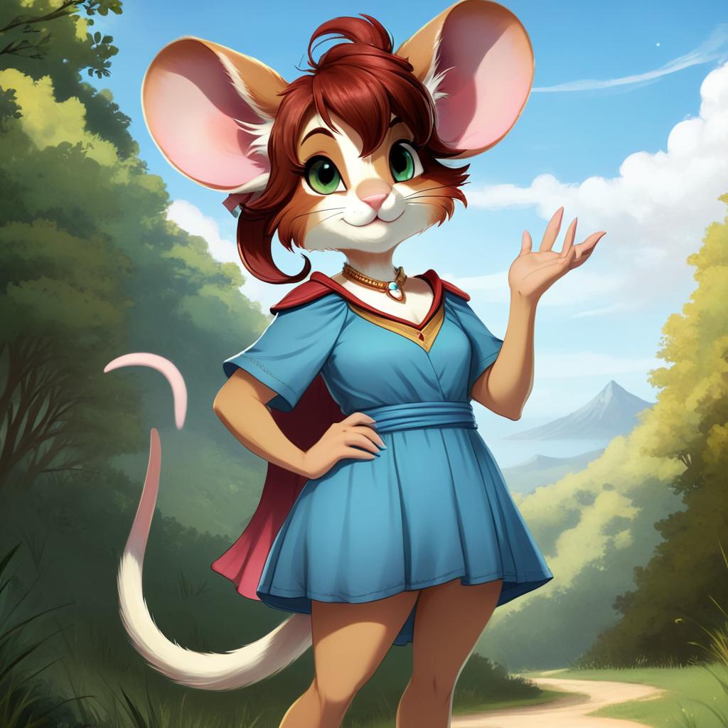 Race: Jerbeen Mousefolk (Anthro, cute).
Fur: White with cream-colored accents on the face, belly, and inner limbs, giving a soft and ethereal look.
Eyes: Large, round, pink, shimmering with curiosity and mischief, reflecting her playful nature.
Hair: Short, reddish-brown, tied in a slightly messy ponytail with a few loose strands framing her face.
Tail: Long, slender, white, adorned with a small gold metal ring near the tip, symbolizing her family legacy.
Clothing and Accessories

Dress: Simple brown and tan work dress, reaching just below the knees, slightly worn with frayed edges, adding rustic charm.
Cape: Flowing blue cape.
Necklace: A delicate necklace featuring a shimmering blue stone,